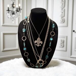 Elegant Silver and Blue Necklaces 5 necklaces plus mannequin